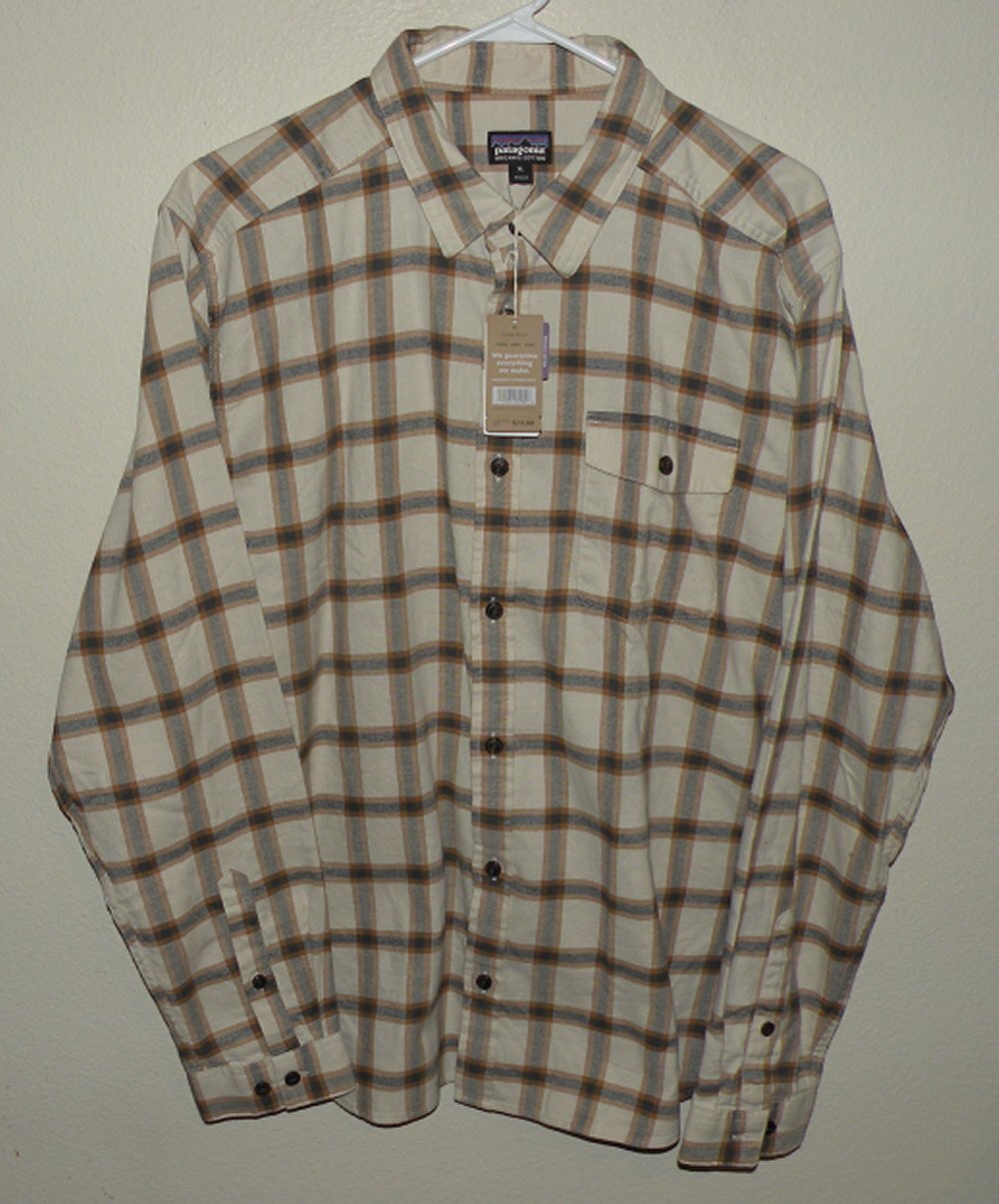 Patagonia Men's XL Fjord Flannel Shirt Off White Beige Plaid Organic Cotton NWT